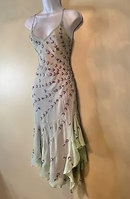 CACHE Rare2Find VTG Y2K Pale Green 100%Silk Chiffon Beaded Midi Dress Fitted XXS • $698