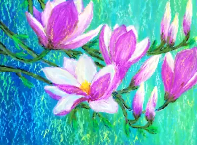 Pink Magnolia Blooms Original Oil Pastel Painting Of Flowers. No Frame.9x13 Inch • £29.56