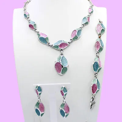 $125 • Buy Vintage EMMONS Sparkle Blue Pink Green Enamel Mod Necklace Bracelet Earrings Set