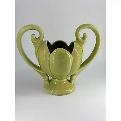 Vintage Camark Green Ceramic Flower Shaped Decorative Double Handles Vase #505 • $35.99