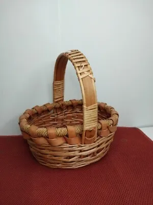Vintage Hand Crafted Woven Basket With Handle Primitive Style Wicker Weave 11 In • $9.75