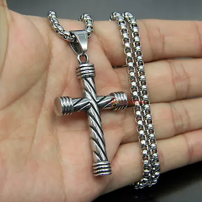 Mens Retro Goth Stainless Steel Twisted Cable Christian Cross Pendant Necklace • $7.49