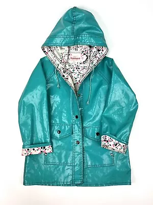 Raindrops Print Lining Aqua Vinyl Raincoat Jacket Children's Size 8 Youth • $14