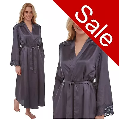Full Length Charcoal Grey Satin Dressing Gown Kimono Negligee Size 18 20 • £16.99