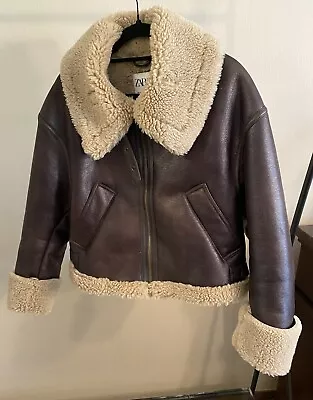 Zara Double Sided Aviator Short Faux Shearling Crop Jacket XS Pre-owned • $30