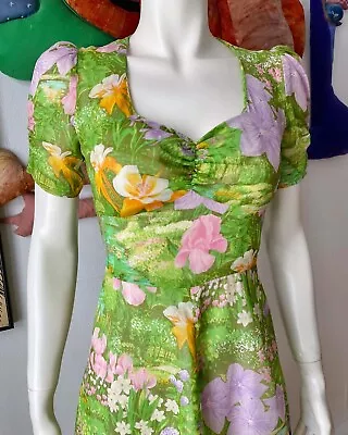Vintage 1970’s PUFFED SLEEVES DRESS Floral Young Innocent 70’s Photoprint XS • $65