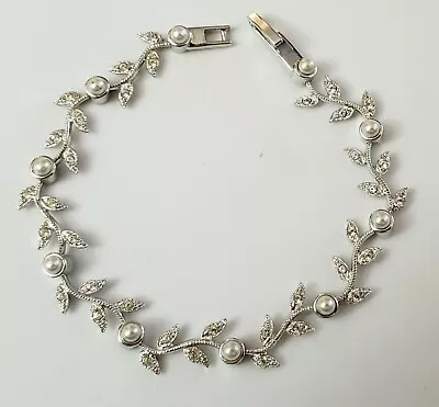 Nadri CZ Cubic Zirconia Crystal & Faux Pearl Tennis Style Floral Bracelet  • $22.22