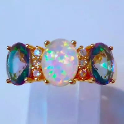 BEAUTIFUL WHITE FIRE OPAL/MYSTIC TOPAZ  YELLO GOLD   RING UK Size L  US 6 • $27.34