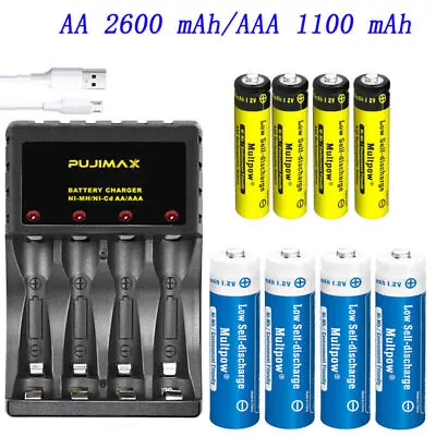 2~12x AA/AAA Battery Rechargeable + 4 Slots Charger 1.2V 2600mAh/1100mAh NiMH • £9.59