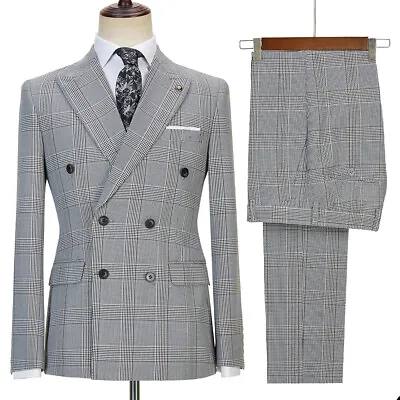 Men Plaid Double-Breasted Peak Collar Check Tuxedo Blazer Pants 42R+44R+46R • $68.39