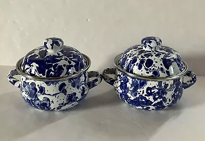 Petite Tureen Golden Rabbit Enamelware Set Of Two Blue White Splattered EUC  • $29.99