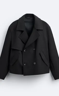 Zara Men’s CROPPED TRENCH Coat Large Black NWT New Pea Coat Spring Fall Jacket • $119