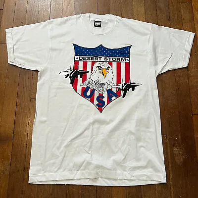 $21.50 • Buy Vintage Operation Desert Storm Bald Eagle Fighter Jet Logo Shirt White XL