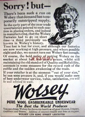 £2.47 • Buy WOLSEY Unshrinkable De Luxe Wool Underwear Advert #2 : Small Antique 1921 Print
