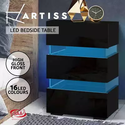 Artiss Bedside Table Side Table RGB LED Lamp 3 Drawers Nightstand Gloss • $97.95