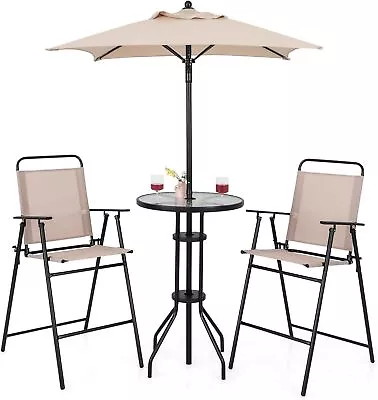 4-Piece Outdoor Bar Set Round High Top Bar Table 2 Folding Counter Height Chairs • $149.49