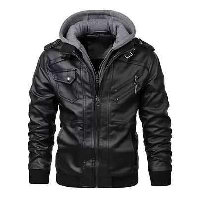 Crocodile Brand Hood Mens Leather Jacket Motorcycle Winter Fleece Warm Biker • $84.24