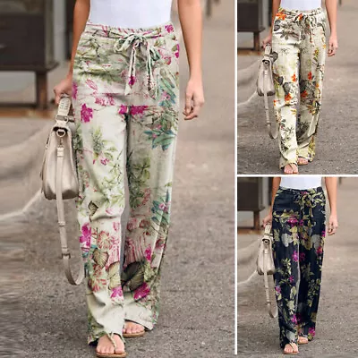 ZANZEA Womens Cotton Linen Long Pants Casual Floral Printed Holiday Trousers HOT • $28.79