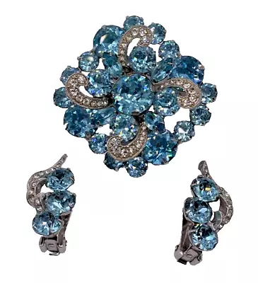 Vintage Eisenberg Baby Blue Rhinestone Clear Icing Brooch Earrings Set • $95