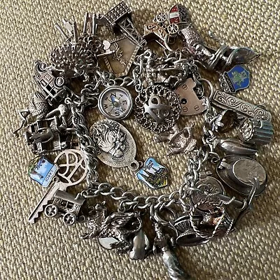 Vintage Sterling Silver Charm Bracelet With 35 Charms Many Movers Rare • $250