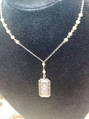 Vintage Emerald & 18 Pearl Sterling Silver Camphor Lariat Necklace • $85.31