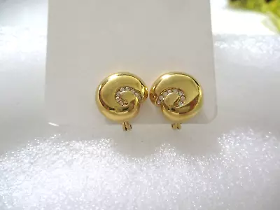 Monet Gold Tone Rhinestone Swirl Shell Clip On Earrings~5/8  • $1.29