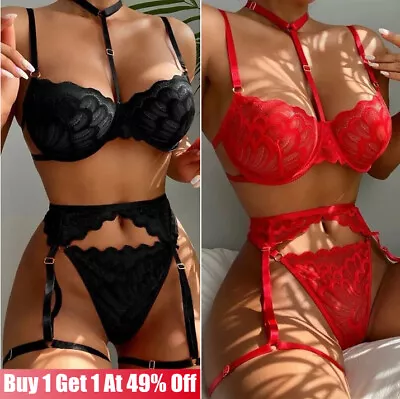 3pcs Sexy Lingerie Dress Underwear Lace Bra Set Women Babydoll Nightdress Thong • £4.71