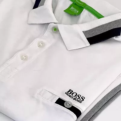 Mens Hugo Boss White Black Green Label Short Sleeve Polo Shirt Size L Large • £20