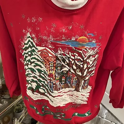 Nut Cracker 90s Sweatshirt L Red Pullover Christmas VTG Puffy Paint  Village • $25