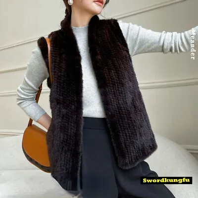 Handmade Knitted Real Genuine Mink Fur Vest Waistcoat Coat Vintage Gilet -Brown • $177