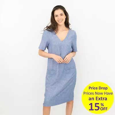 M&S Womens Dress Linen Blend Blue Easy-iron Pockets V-Neck Shift Lightweight  • £12.71