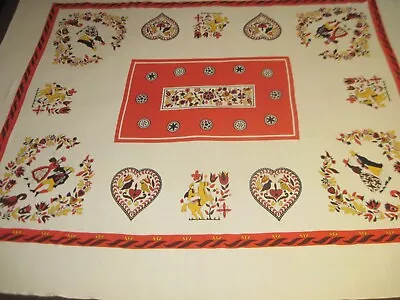 Vintage Print Tablecloth Amish ? Hex Tablecloth Hearts Birds Horse People 71x59  • $14.99