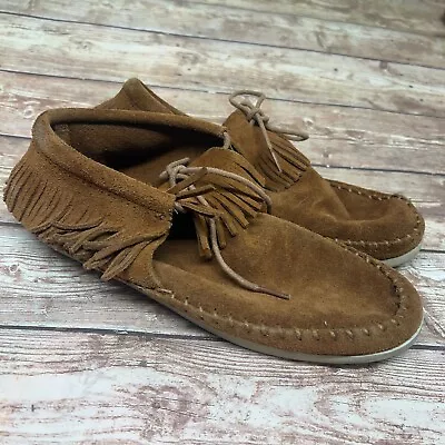 Minnetonka Ankle Boots Suede Leather Women Size 9 Brown Ties Fringe Boho • $23.50