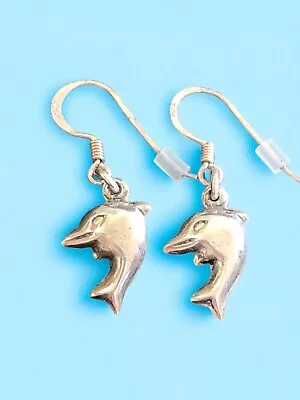 Vintage 925 Sterling Silver Dolphin Ocean Beach Lovers Dangle Pierced Earrings • $22.95