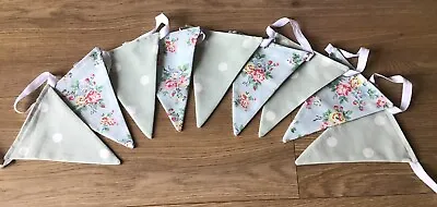 Cath Kidston Blue & Green Floral Fabric Bunting Flags With Polka Dot Spot • £13.50