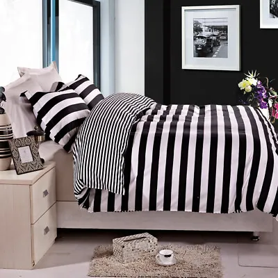 Microfiber Black And White Stripe Duvet Comforter Cover Set Twin Queen King • $23.99