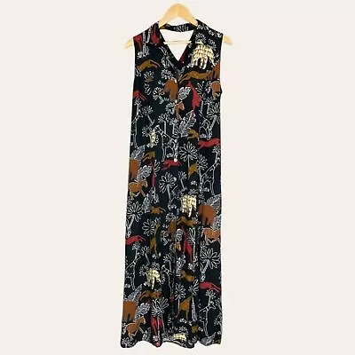 Vintage Jungle Dress Animals Black Sleeveless Cut Out Button-Up Print • $28