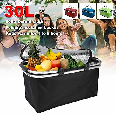 30L Large Insulated Folding Lunch Picnic Bag Camping Cooler Hamper Basket Box • £10.79
