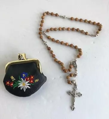 Vintage Rosary  Beads Wood  Silver Tone Beads Cross Italy 16 In With Snap Pouch • $10