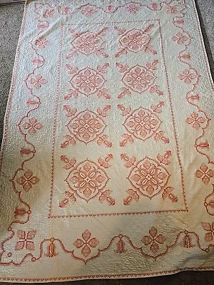 Vintage Handmade Embroidered Cross Stitch Quilt Peach Medallions 58” X 86   • $107.35