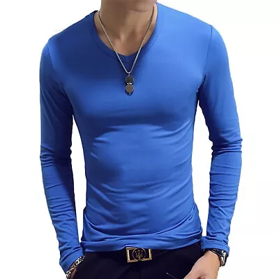 New Mens Long Sleeve V-Neck T-shirt Stretch Casual Solid Slim Fit Tops Blue • $4.99