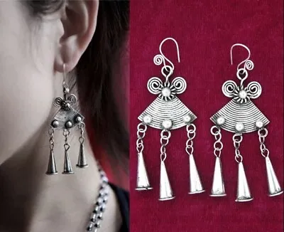 Exotic Retro Tribal Personality Hand Miao Silver Tassels Triangle Earring 1pair • $20