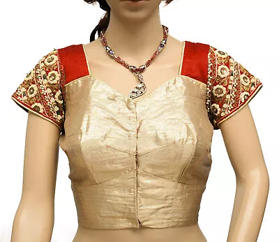 Sushila Vintage Red Golden Readymade Size 36 Sari Blouse Silk Hand Beaded Choli • $26.44