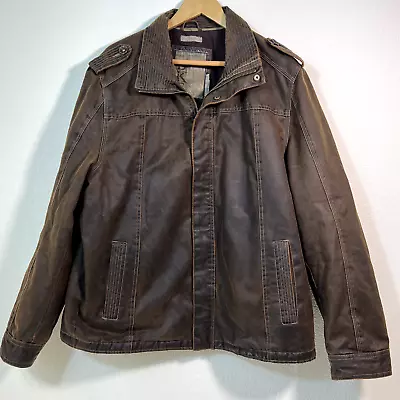 BKE Buckle Jacket Men's XL Patina Brown Faux Leather Full Zip Moto Waxed Cotton • $45