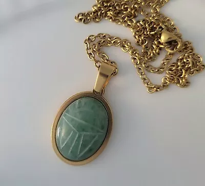 Vintage SCARAB PENDANT NECKLACE Genuine Stone AVENTURINE • $18