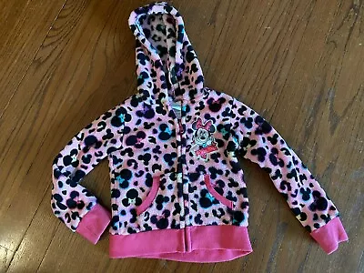 Girls Disney Leopard Soft Minnie Mouse Sweatshirt Zip Up Fleece Hoodie Pink 5t • $9.90