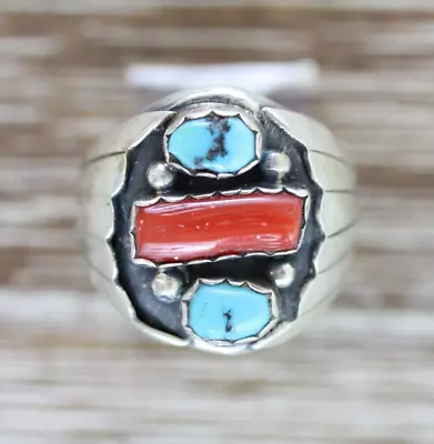 Vintage Men's Indian Native Am Sterling Silver 925 Turquoise Coral Ring 10.5 • $108.80