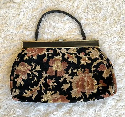 Vintage Floral Fabric Carpet Bag Purse Tapestry Retro Black Tan Chenille READ  • $59