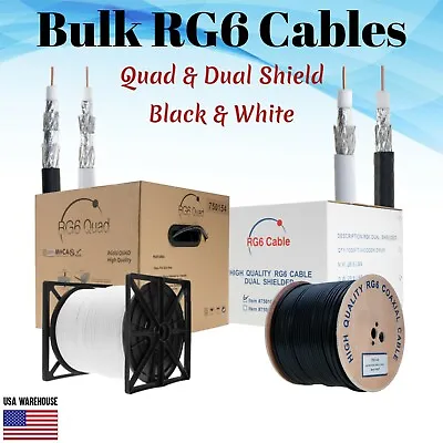 RG6 Coaxial Bulk Cable 500ft 1000ft Dual Quad Shielded 18AWG Black White Coax TV • $71