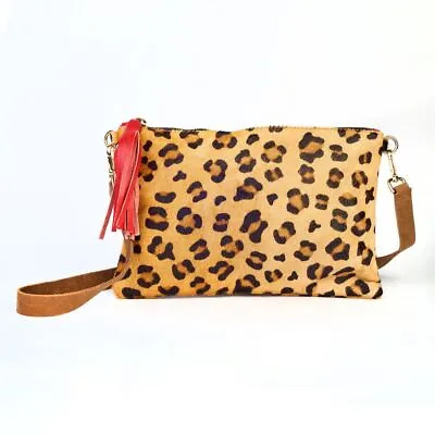 £75 • Buy Leopard Print Cow Hide & Red Leather Tassel Clutch Handbag - My Doris Evening 